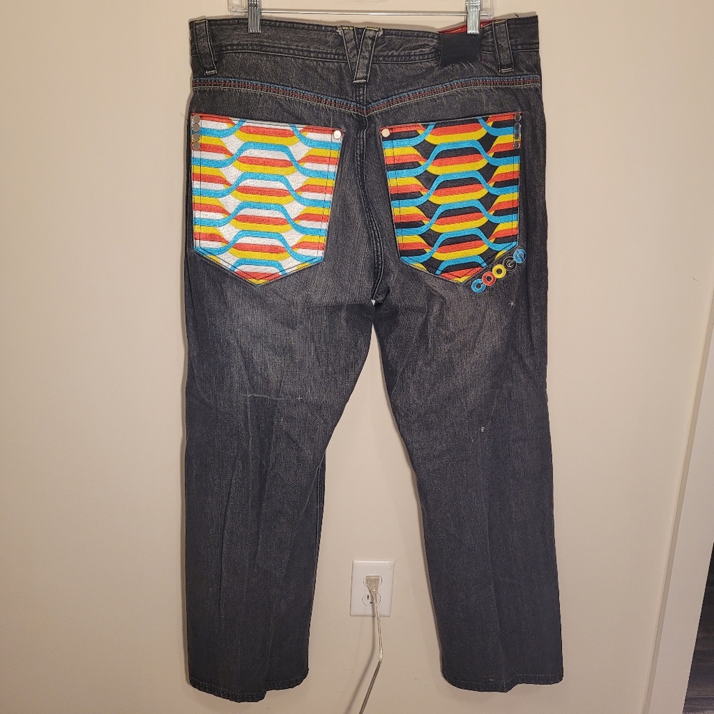 Coogi Men's Colorful Embroidered  Black Denim Jeans Size 38x34